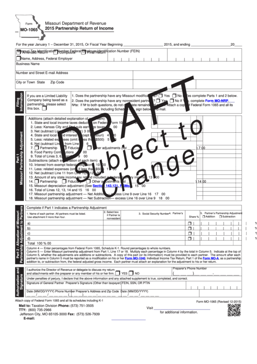 Form Mo-1065 Draft - Partnership Return Of Income - 2015 Printable pdf