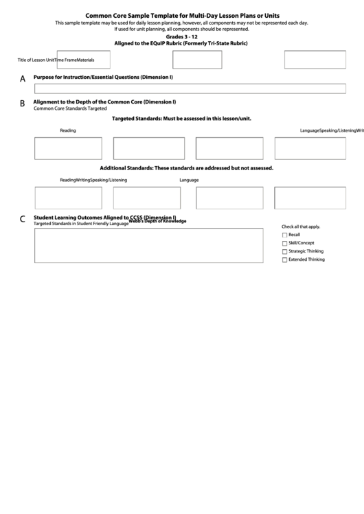 Common Core Sample Template For Multi-day Lesson Plans Or Units