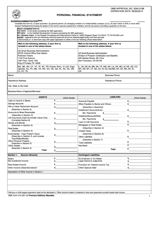 Sba Form 413 - Personal Financial Statement Printable pdf