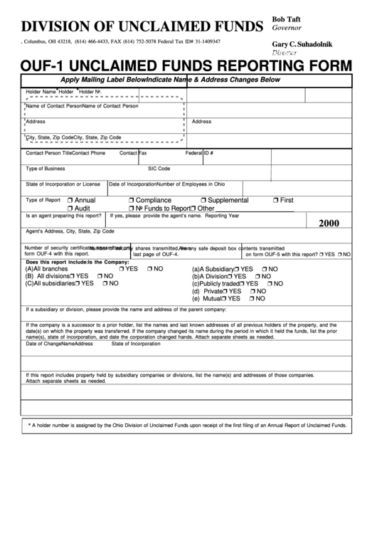 Form Ouf-1 - Unclaimed Funds Reporting Form - 2000 Printable pdf