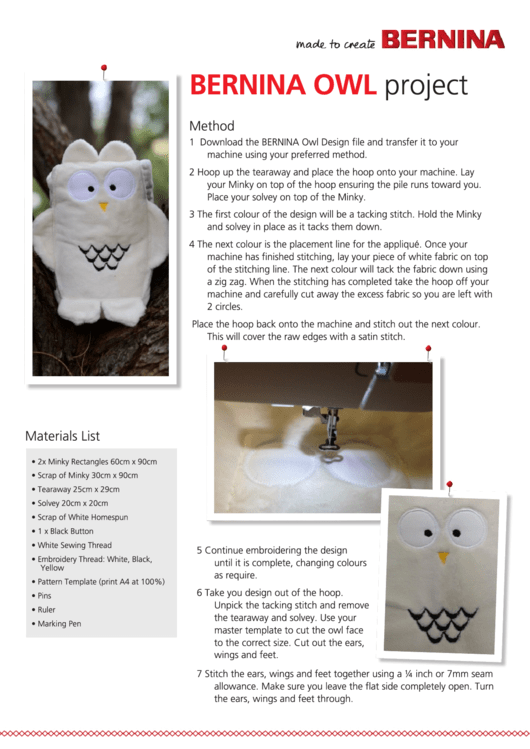 Bernina Owl Puppet Template Printable pdf