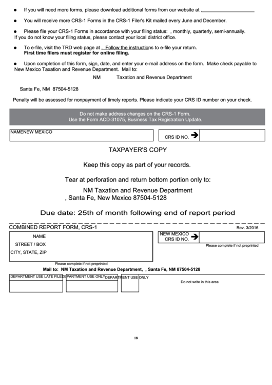 Form Crs-1 - Combined Report Form - 2016 Printable pdf