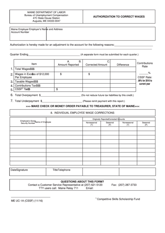 Form Me Uc-1a (cssf) - Authorization To Correct Wages - Maine Department Of Labor - 2016
