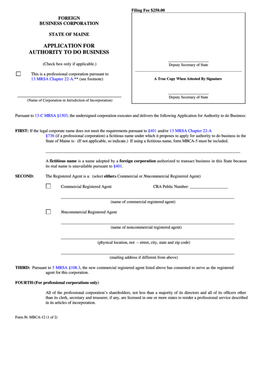 Fillable Form Mbca-12 - Application For Authority To Do Business For A Foreign Business Corporation - 2016 Printable pdf