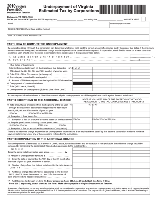 Virginia Form 500c - Underpayment Of Virginia Estimated Tax By Corporations - 2010 Printable pdf