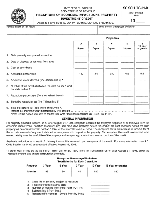Schedule Tc-11-R (Form 3349) - Recapture Of Economic Impact Zone Property Investment Credit Printable pdf