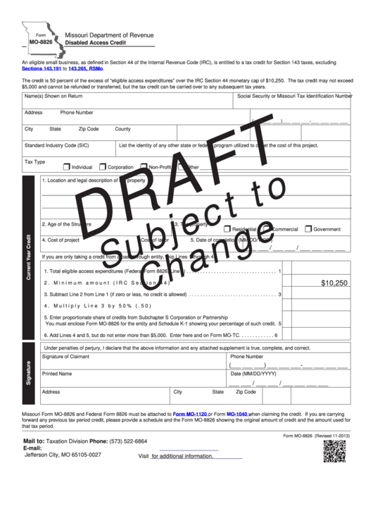 Form Mo-8826 - Disabled Access Credit - 2013 Printable pdf