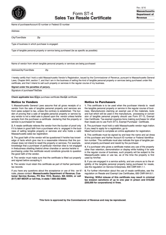 Form St-4 - Sales Tax Resale Certificate - Massachusetts Department Of Revenue Printable pdf