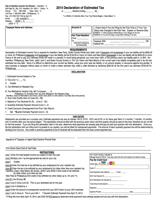 Declaration Of Estimated Tax - City Of Hamilton Income Tax Division - 2014 Printable pdf