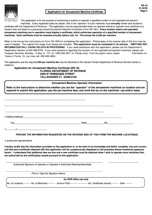 Form Dr-18 - Application For Amusement Machine Certificate - 2000 Printable pdf