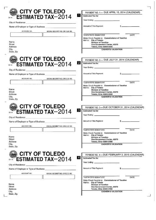 Fillable Form Di-14 - Estimated Tax - City Of Toledo - 2014 Printable pdf