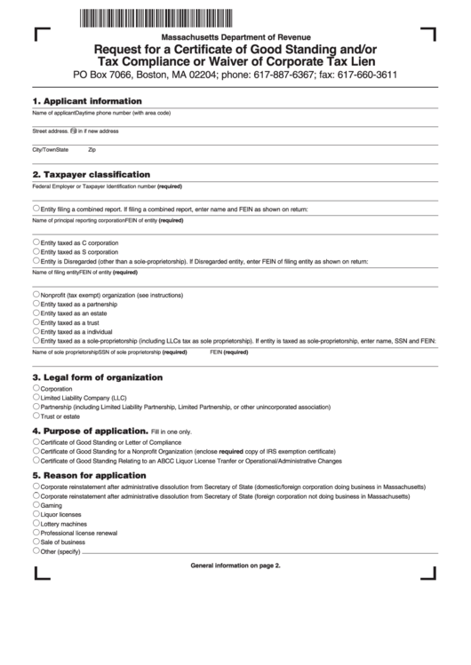 Request For A Certificate Of Good Standing And/or Tax Compliance Or Waiver Of Corporate Tax Lien - Massachusetts Department Of Revenue Printable pdf