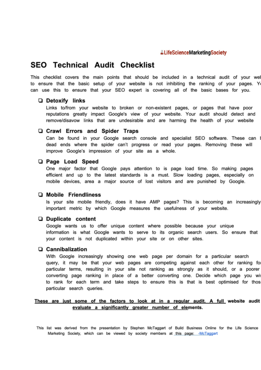 Seo Technical Audit Checklist Printable pdf