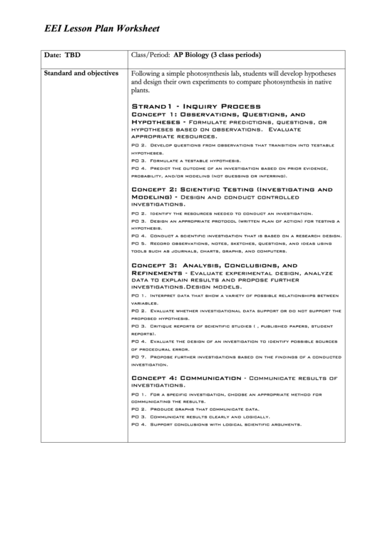 Eei Lesson Plan Worksheet Printable pdf