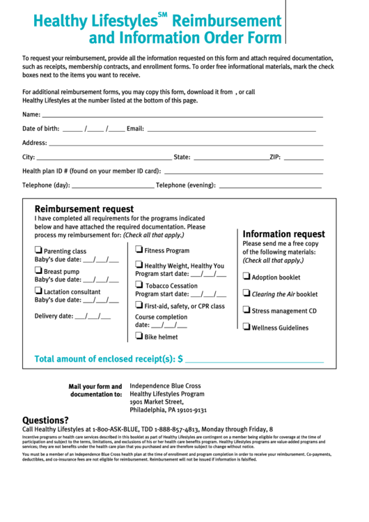 Reimbursement And Information Order Form - Blue Cross Printable pdf