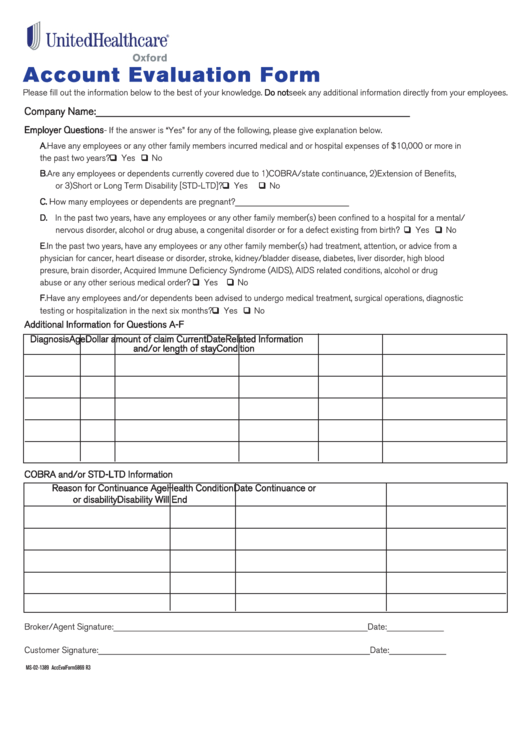 Account Evaluation Form - United Healthcare Printable pdf