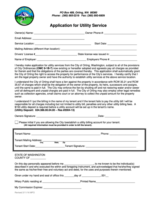 Application For Utility Service - City Of Orting Printable pdf