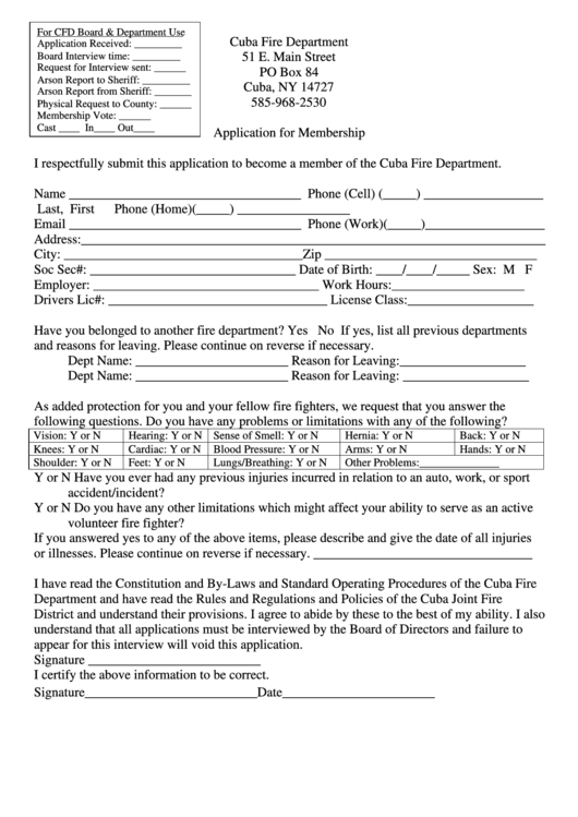 Application For Membership - City Of Cuba Fire Department Printable pdf