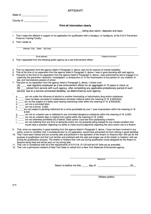 Firearm Affidavit Form - New York State Printable pdf