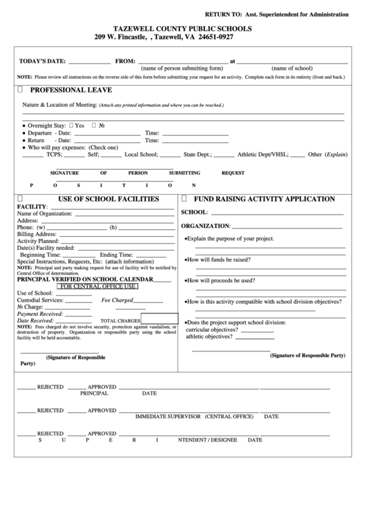 Combined School Form (Professional Leave/use Of School Facilities/fund Raising Activity) Printable pdf