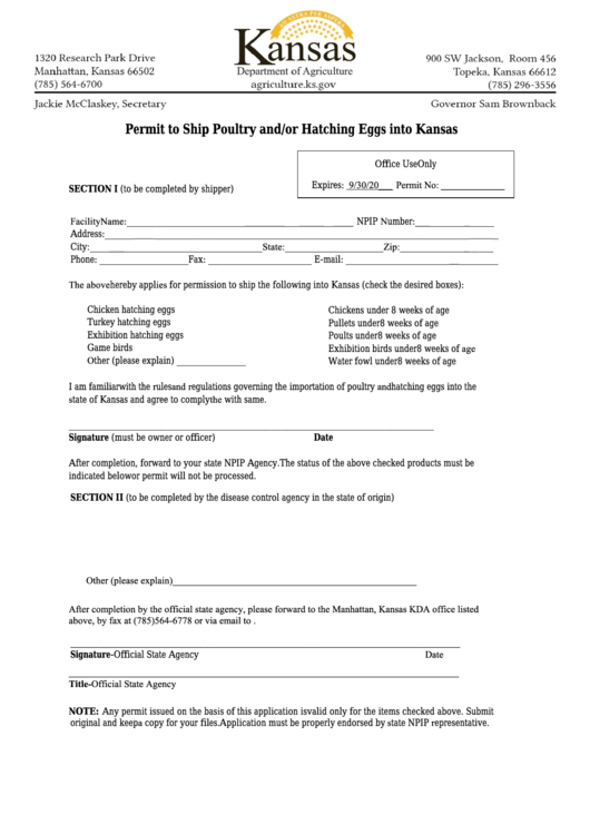 Fillable Permit To Ship Poultry And/or Hatching Eggs Into Kansas - Department Of Agriculture Printable pdf