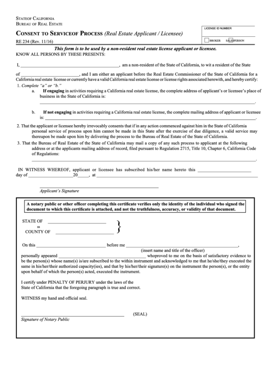 Fillable Form Re 234 - Consent To Service Of Process - California Bureau Of Real Estate - 2014 Printable pdf