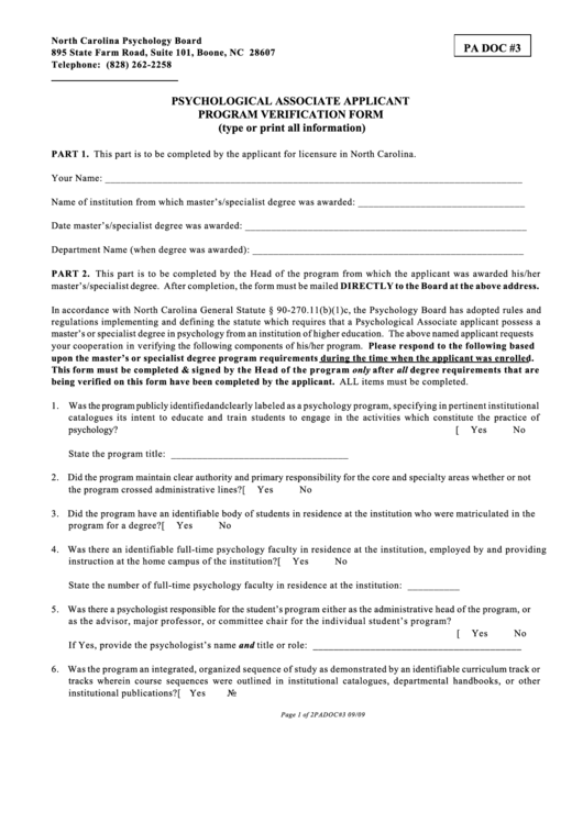 Fillable Pa Doc 3 Psychological - Associate Applicant Program Verification Form - North Carolina Psychology Board Printable pdf