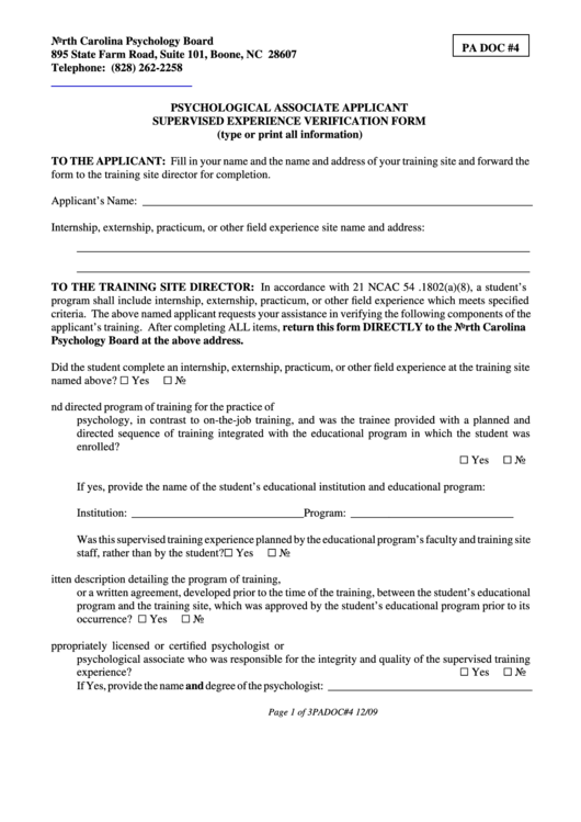 Fillable Psychological Associate Applicant Supervised Experience Verification Form - North Carolina Psychology Board Printable pdf