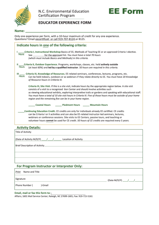 Fillable Educator Experience Form - North Carolina Environmental Education Certification Program Printable pdf
