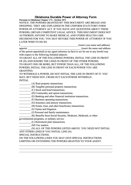 Fillable Oklahoma Durable Power Of Attorney Form Printable Pdf Download