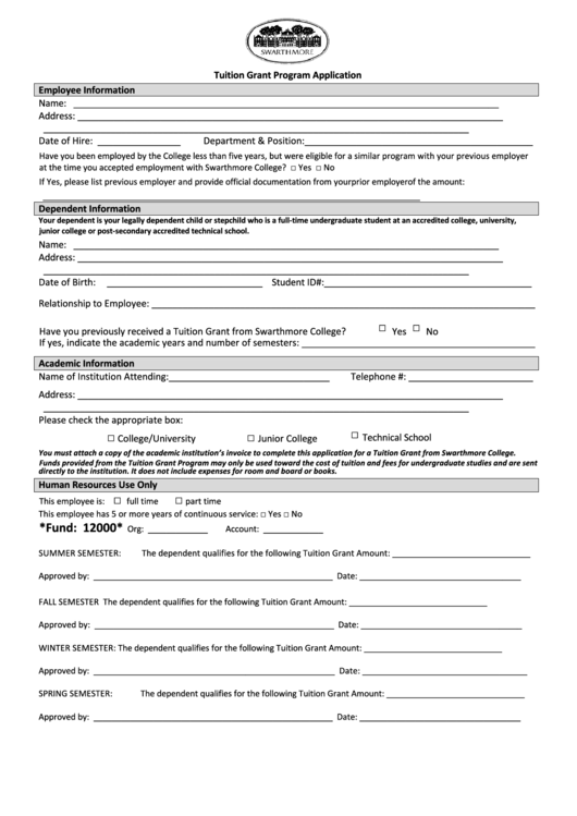 Tuition Grant Program Application Printable pdf