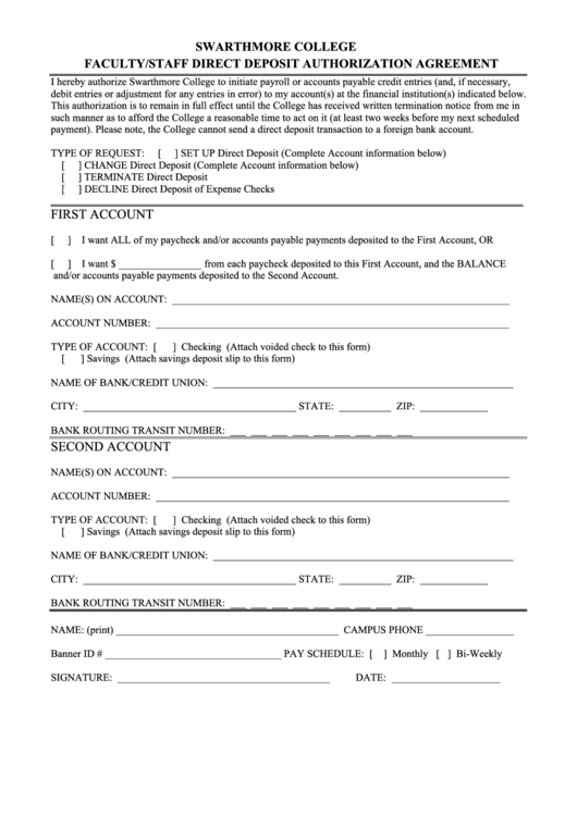Faculty/staff Direct Deposit Authorization Agreement Printable pdf