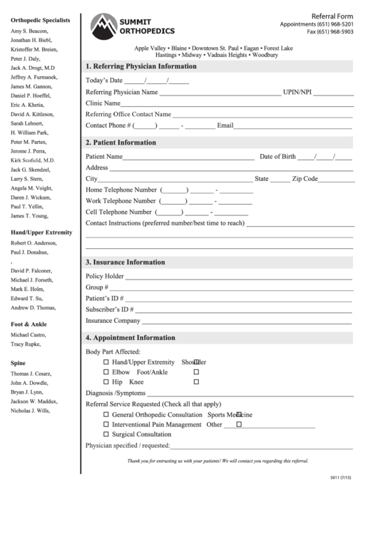 Orthopedic Referral Form Printable pdf