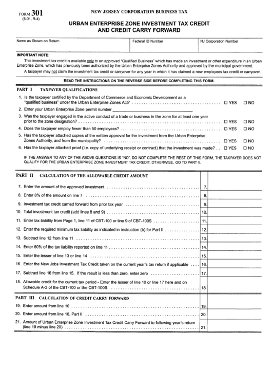 Form 301 - Urban Enterprise Zone Investment Tax Credit And Credit Carry Forward Printable pdf