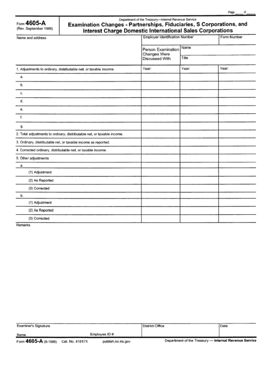Form 4605-A - Examination Changes - Partnerships, Fiduciaries, S Corporations, And Interest Charge Domestic International Sales Corporations Printable pdf