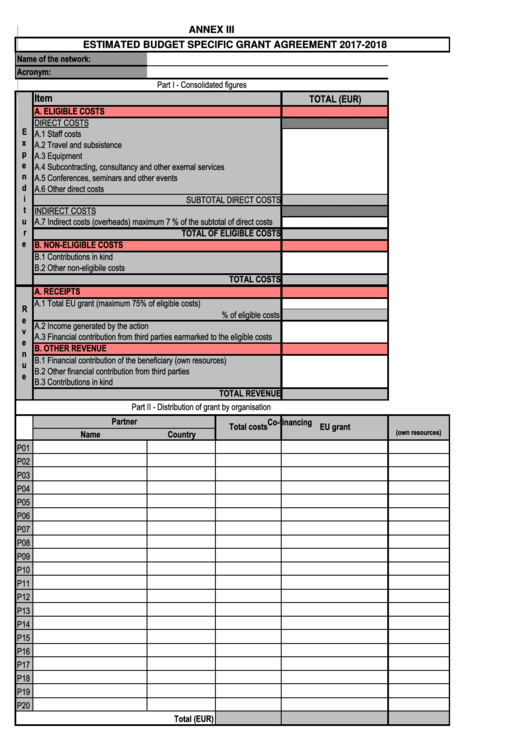 Estimated Budget Specific Grant Agreement 2017-2018 Printable pdf