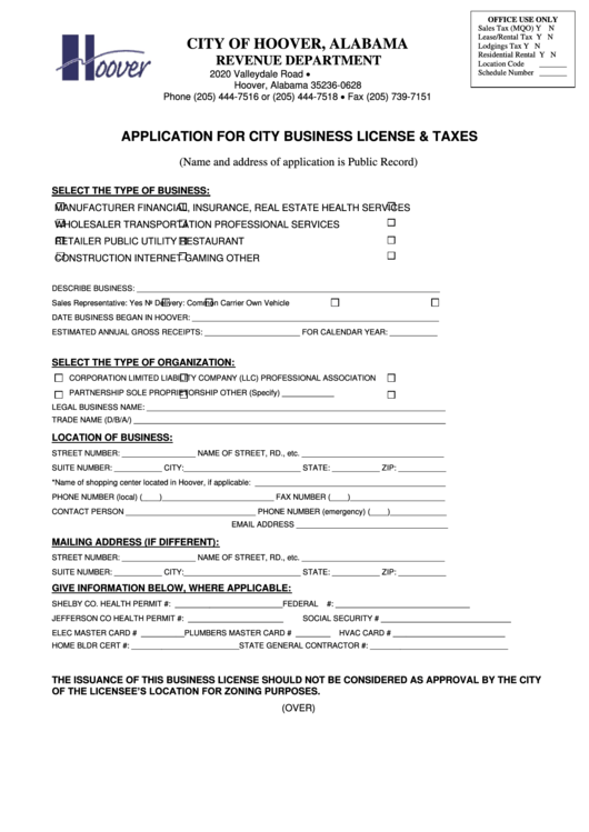 Application For City Business License & Taxes - City Of Hoover Revenue Department Printable pdf
