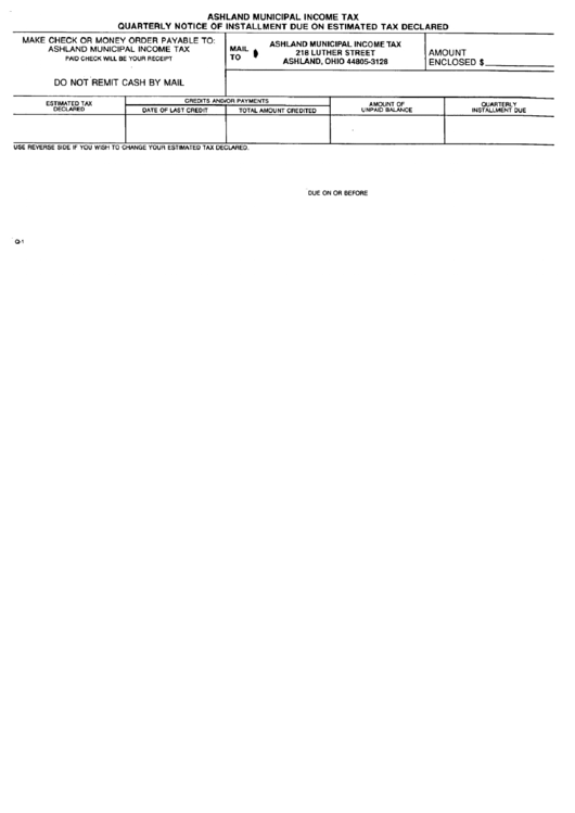 Form Q-1 - Quarterly Notice Of Installment Due On Estimated Tax Declared Printable pdf