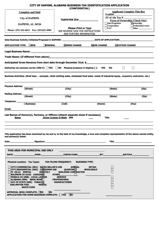 Business Tax Identification Application - City Of Daphne Printable pdf