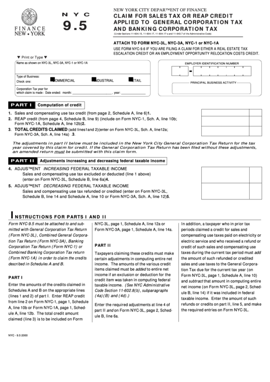 Form Nyc-9.5 - Claim For Sales Tax Or Reap Credit Applied To General Corporation Tax And Banking Corporation Tax - 2000 Printable pdf