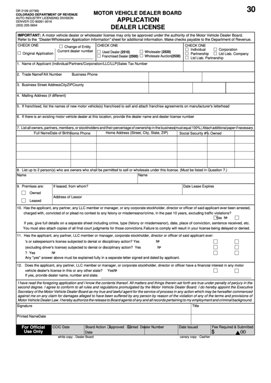 Form Dr 2109 Application Dealer License printable pdf download