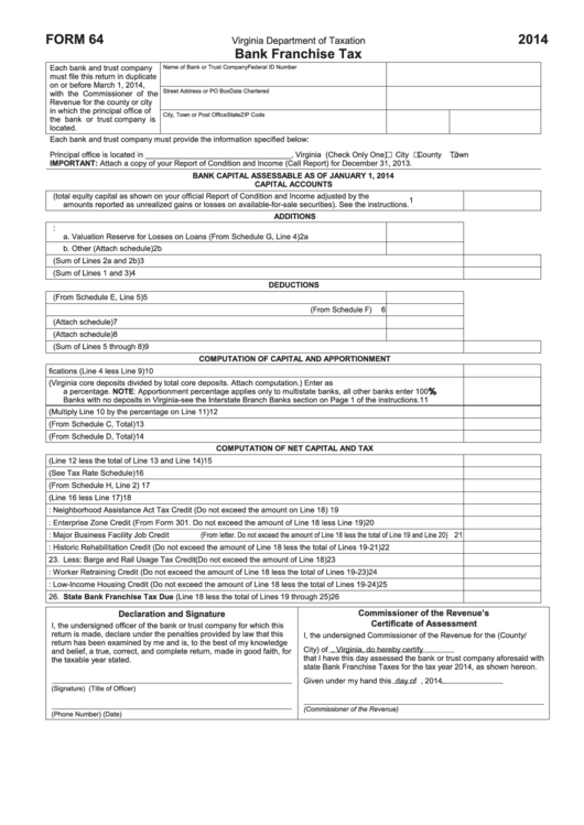 Fillable Form 64 - Bank Franchise Tax - 2014 Printable pdf