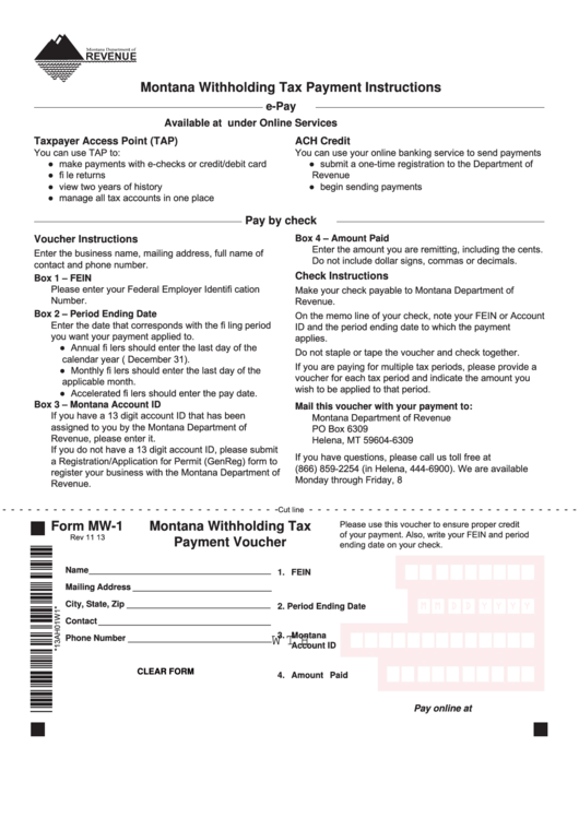 Fillable Form Mw-1 - Montana Withholding Tax Payment Voucher - 2013 Printable pdf