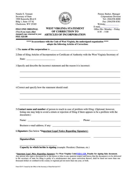 Fillable Form Cd-F-1 - West Virginia Statement Of Correction To Articles Of Incorporation - 2013 Printable pdf