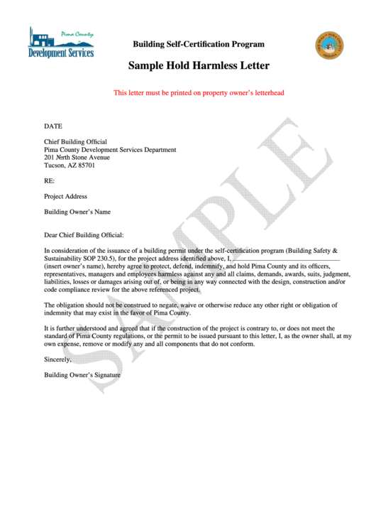 Sample Hold Harmless Letter Printable pdf