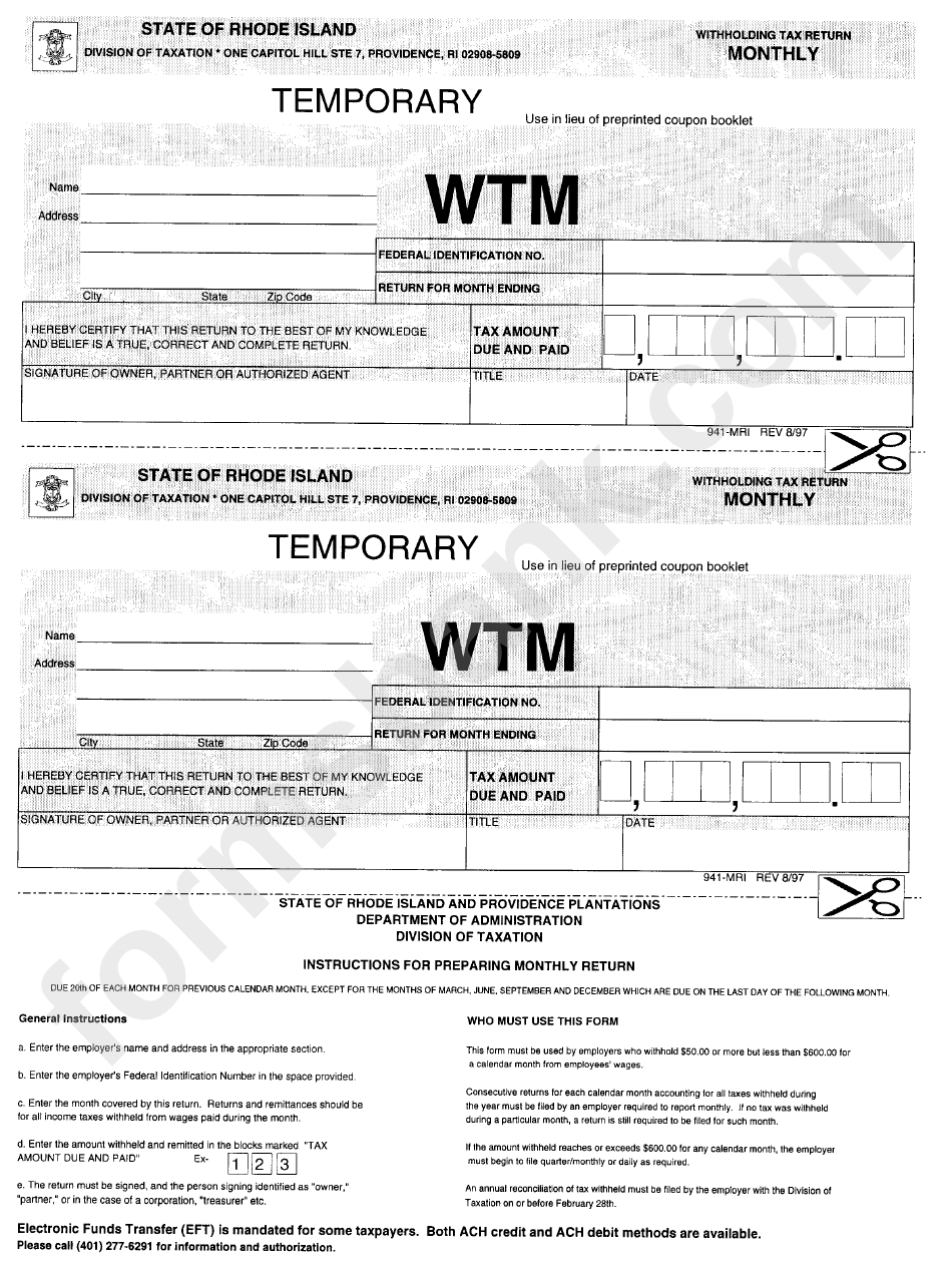 Form 941-Mri - Monthly Withholding Tax Return