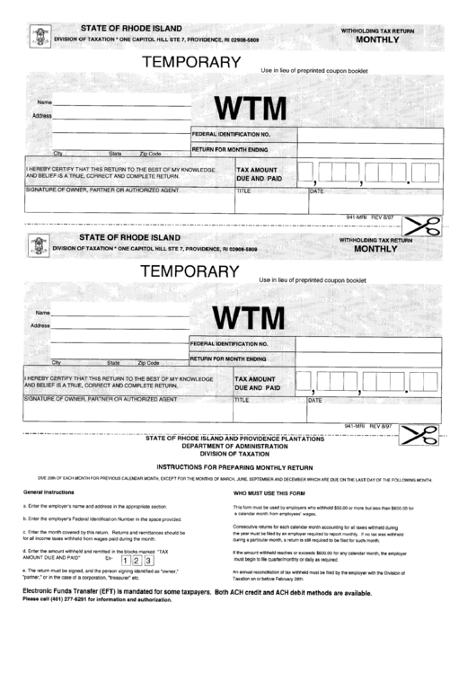 Form 941-Mri - Monthly Withholding Tax Return Printable pdf