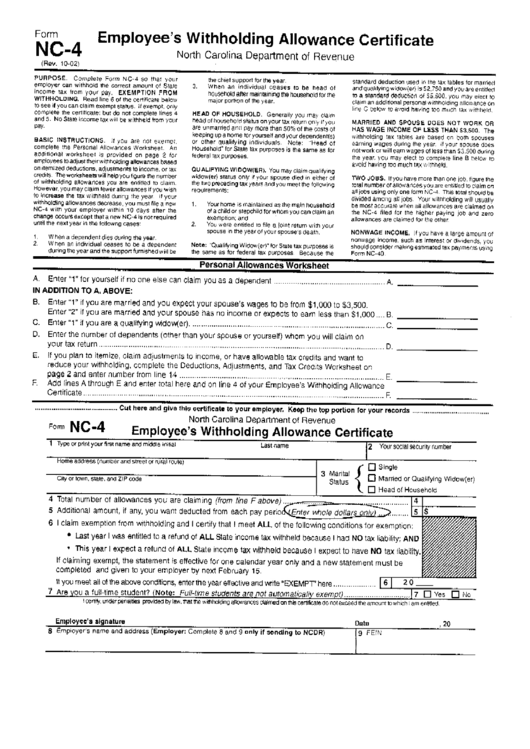 Form Nc-4 - Employee's Withholding Allowance Certificate