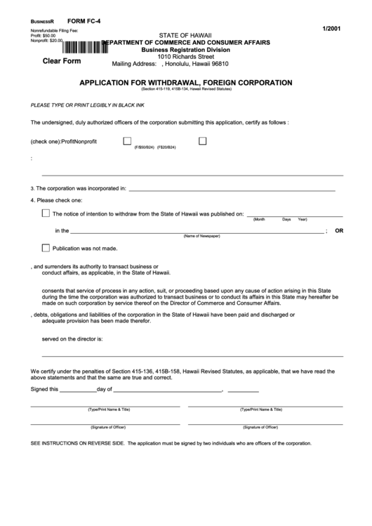 Fillable Form Fc-4 - Application For Withdrawal, Foreign Corporation - 2001 Printable pdf