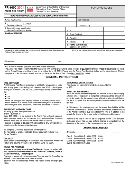 Form Fr-1000 - Arena Fee Return - 2001 Printable pdf